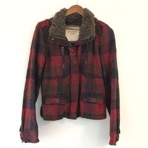 Abercrombie & Fitch Womens Red Plaid Trucker Jacket Sherpa Y2K Cabincore Medium